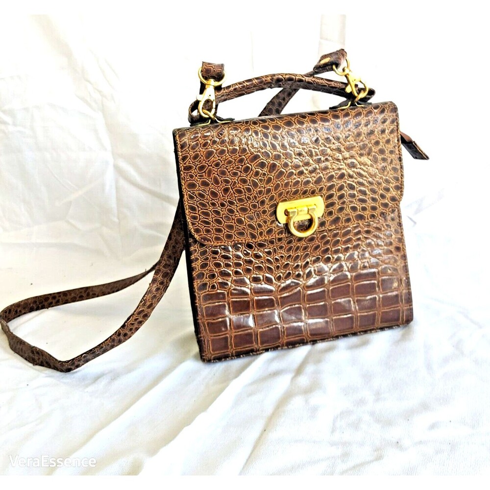 Vtg Iconic Top Handle Leather Embossed Croc Handbag Brown Accessories 60s-70s